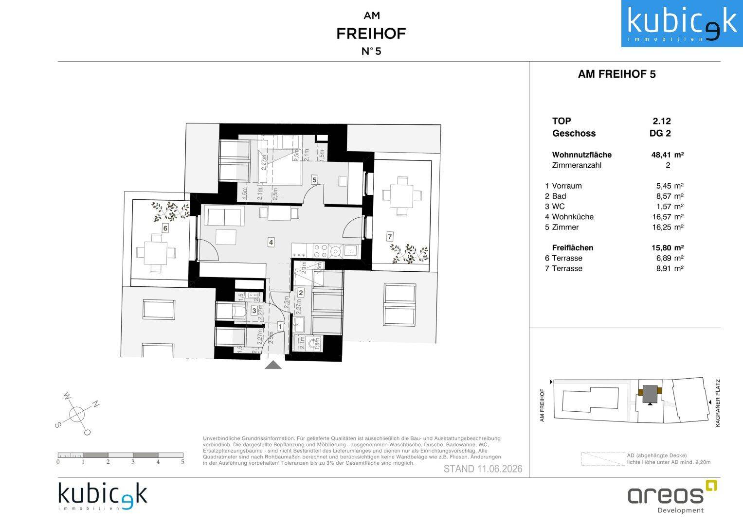 Grundriss einer Wohnung mit offenem Wohnbereich, einem Schlafzimmer, Bad und zwei Terrassen.