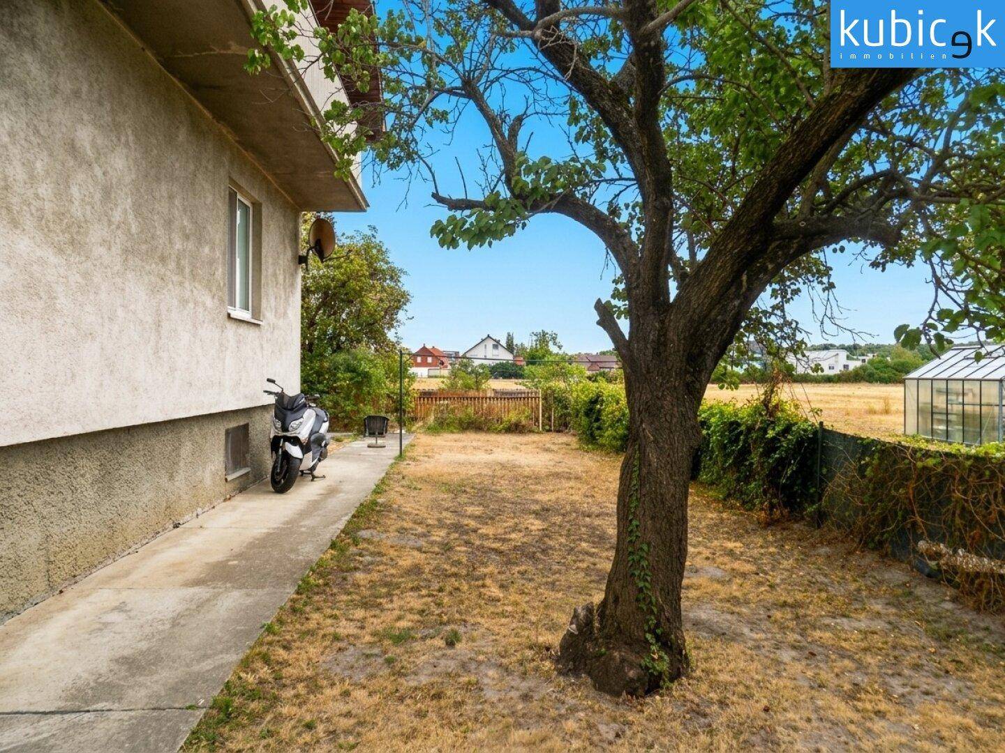 Seitenansicht des Hauses mit einem großen Baum, einem Weg und trockenem Rasen.