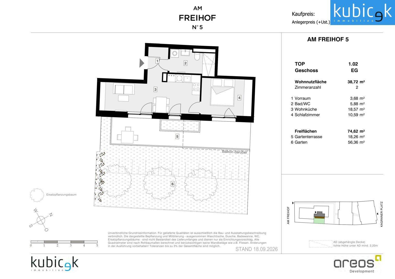 Grundriss einer Erdgeschosswohnung mit offenem Wohnbereich, Schlafzimmer, Bad, Gartenterrasse und eigenem Garten.