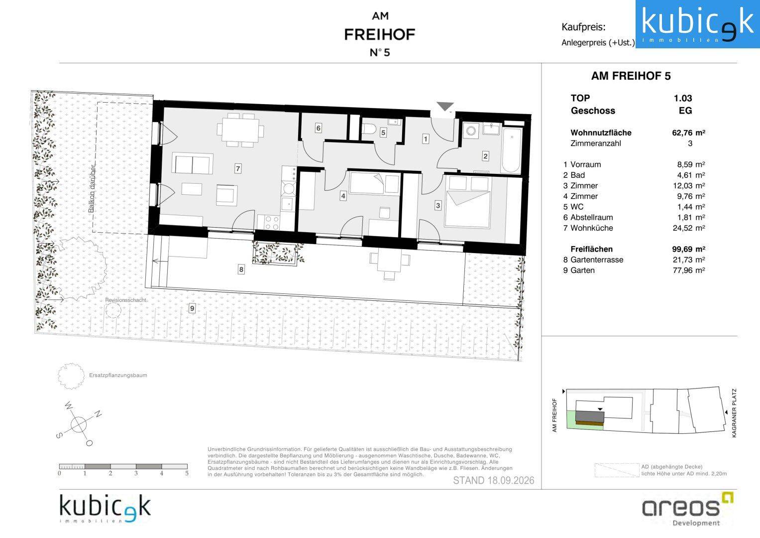 Grundriss einer Erdgeschosswohnung mit offener Wohnküche, zwei Schlafzimmern, Bad, WC, Abstellraum, Gartenterrasse und Garten.