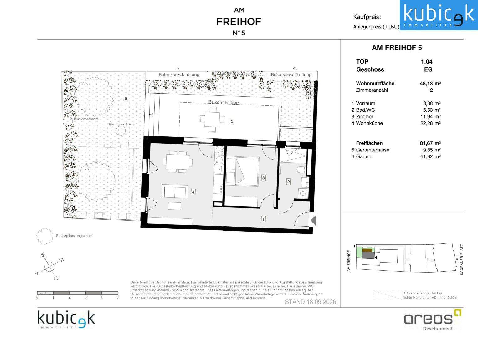 Dieser Grundriss zeigt eine Erdgeschosswohnung mit offenem Wohnbereich, Garten und Terrasse.
