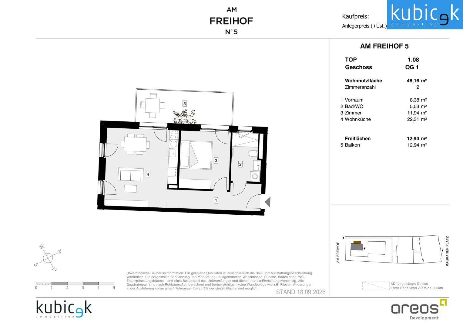 Grundriss einer 2-Zimmer-Wohnung mit offener Wohnküche, Schlafzimmer und großem Balkon.