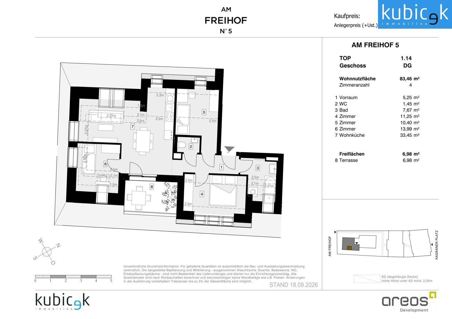 Grundriss einer Dachgeschosswohnung mit offener Wohnküche, mehreren Zimmern, Bad, separatem WC und großer Terrasse.