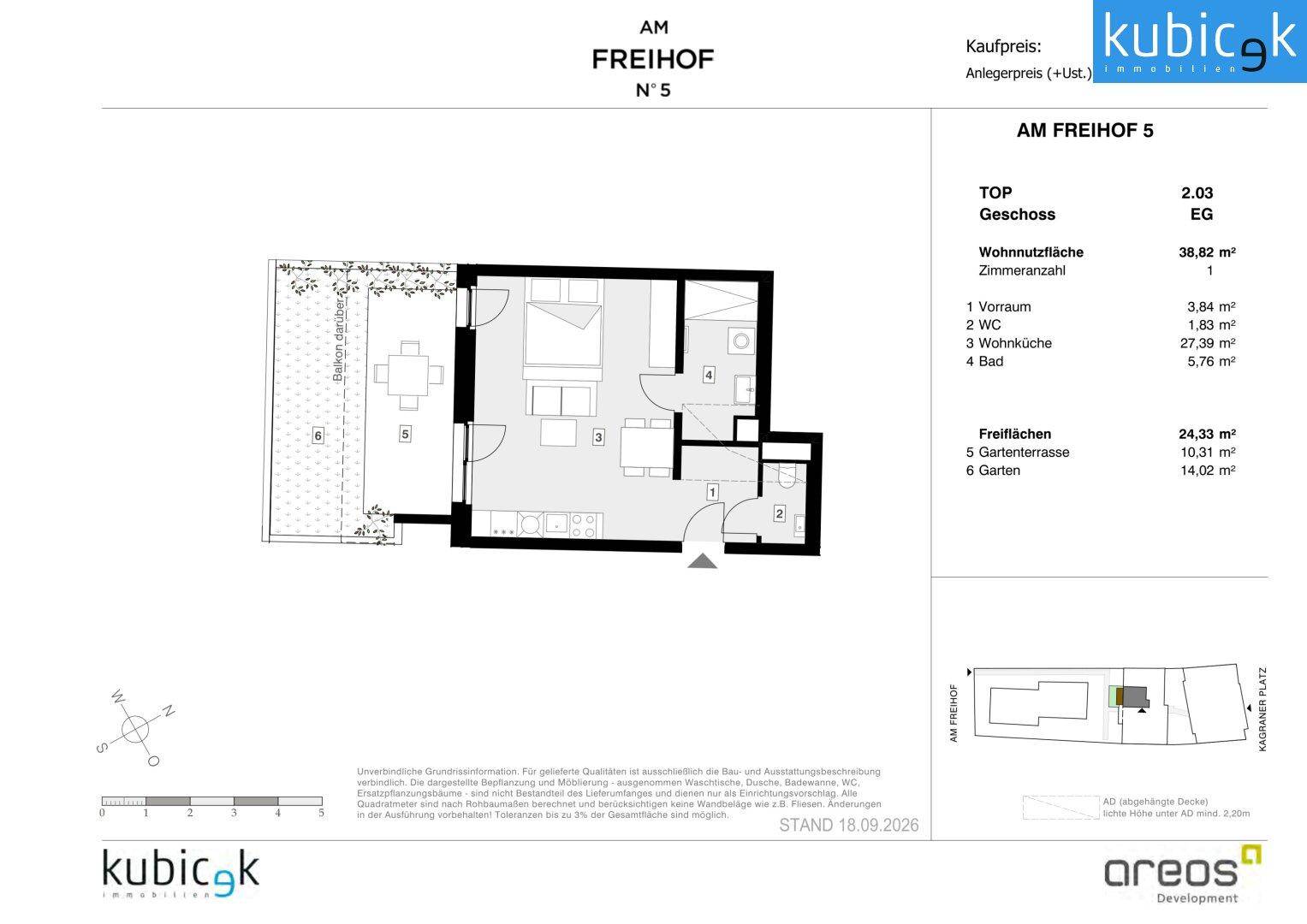 Grundriss einer Wohnung mit offenem Wohn- und Küchenbereich, separatem Bad und WC, sowie einer Gartenterrasse und eigenem Garten.
