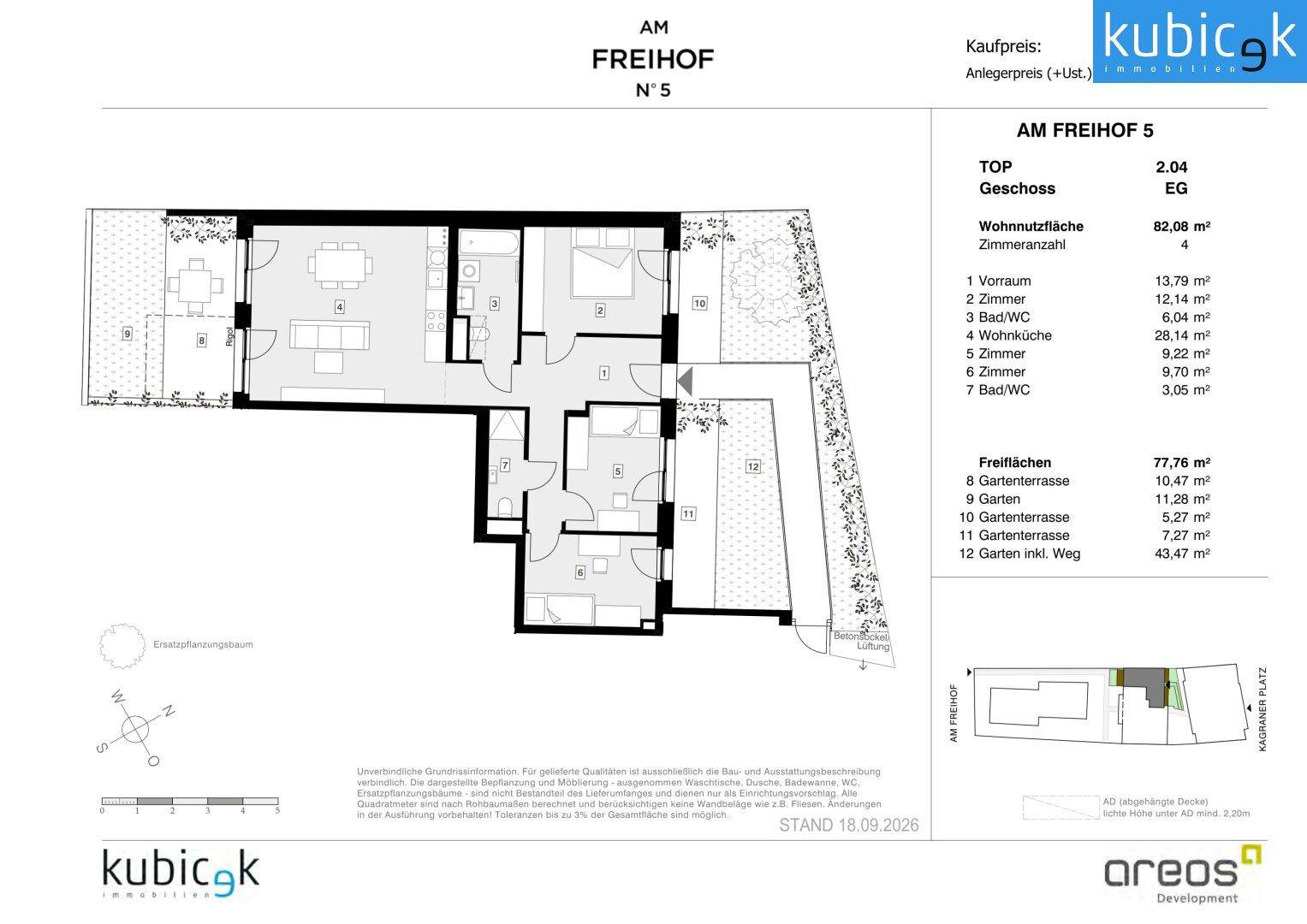 Grundriss einer Wohnung mit offener Wohnküche, zwei Bädern und Zugang zu mehreren Gartenterrassen und einem Gartenbereich.