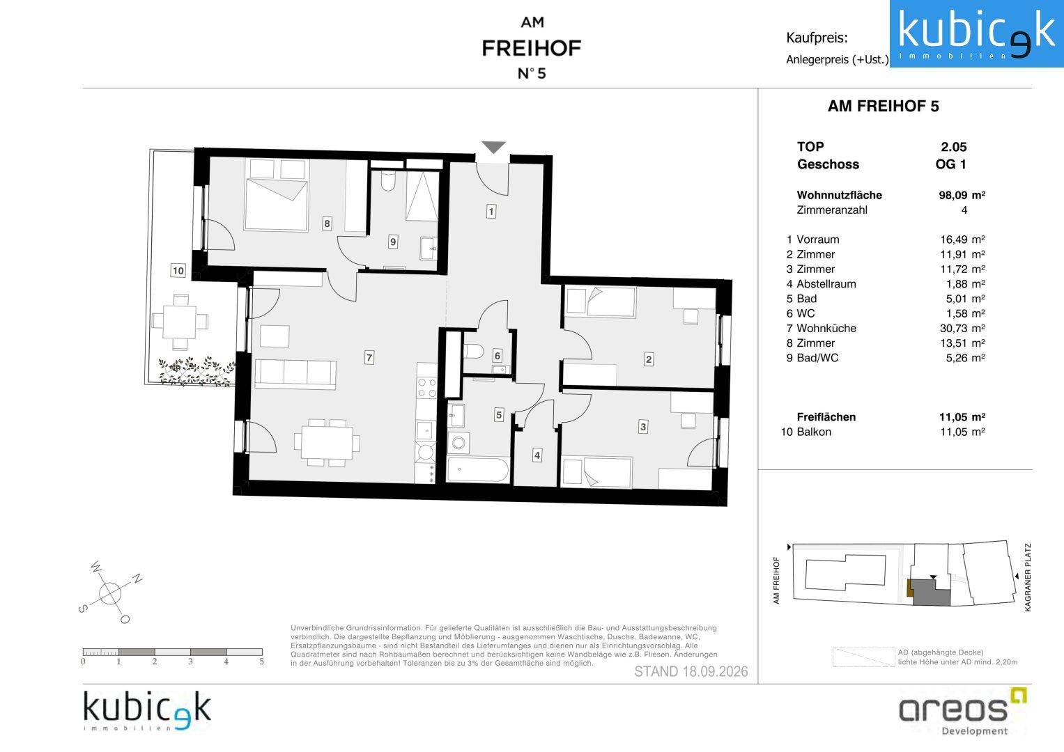 Detaillierter Grundriss einer Wohnung mit großem Wohnküchenbereich, mehreren Schlafzimmern, zwei Bädern und einem Balkon.