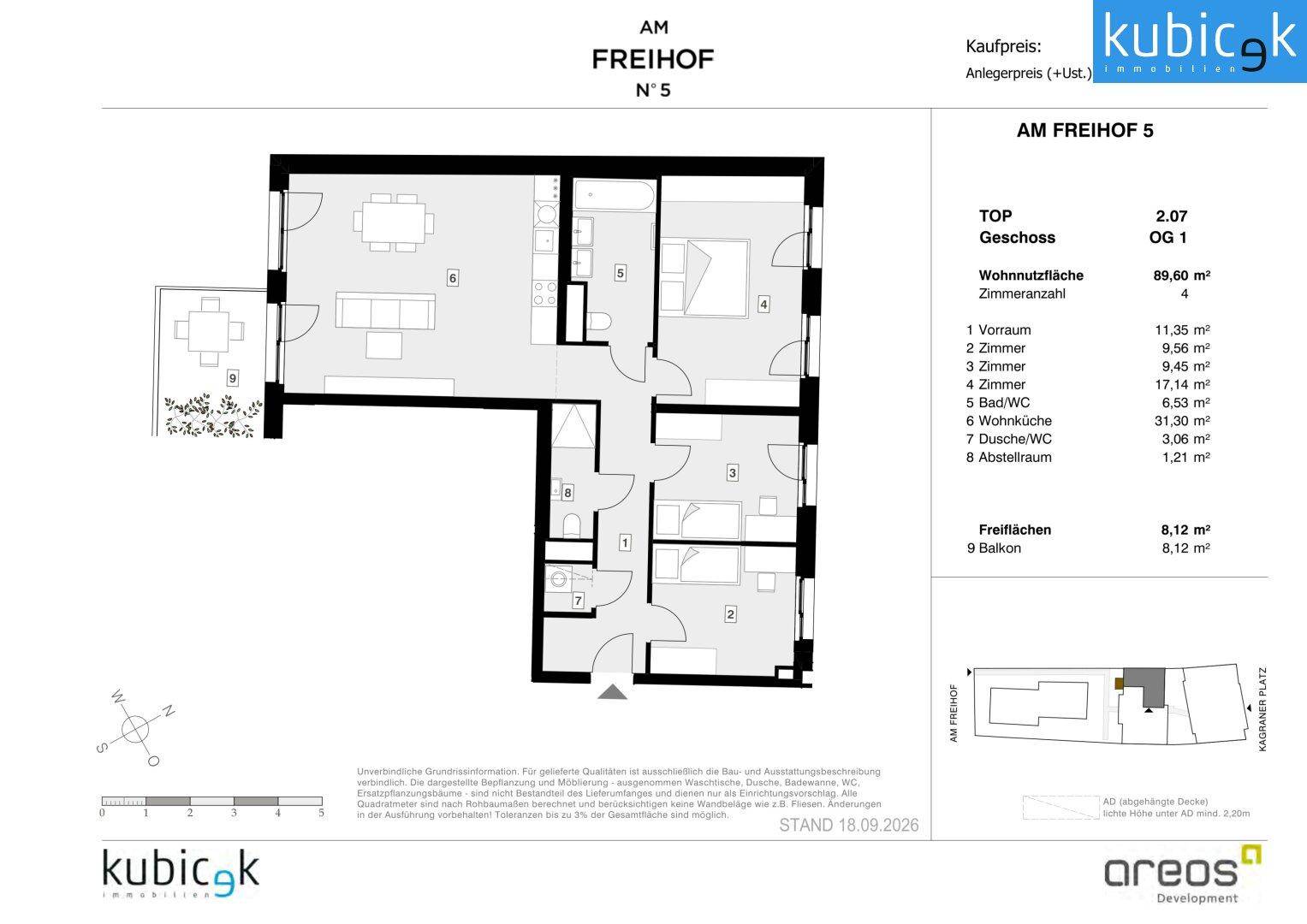 Grundriss einer 4-Zimmer-Wohnung mit offenem Wohnbereich, zwei Bädern und einem Balkon.