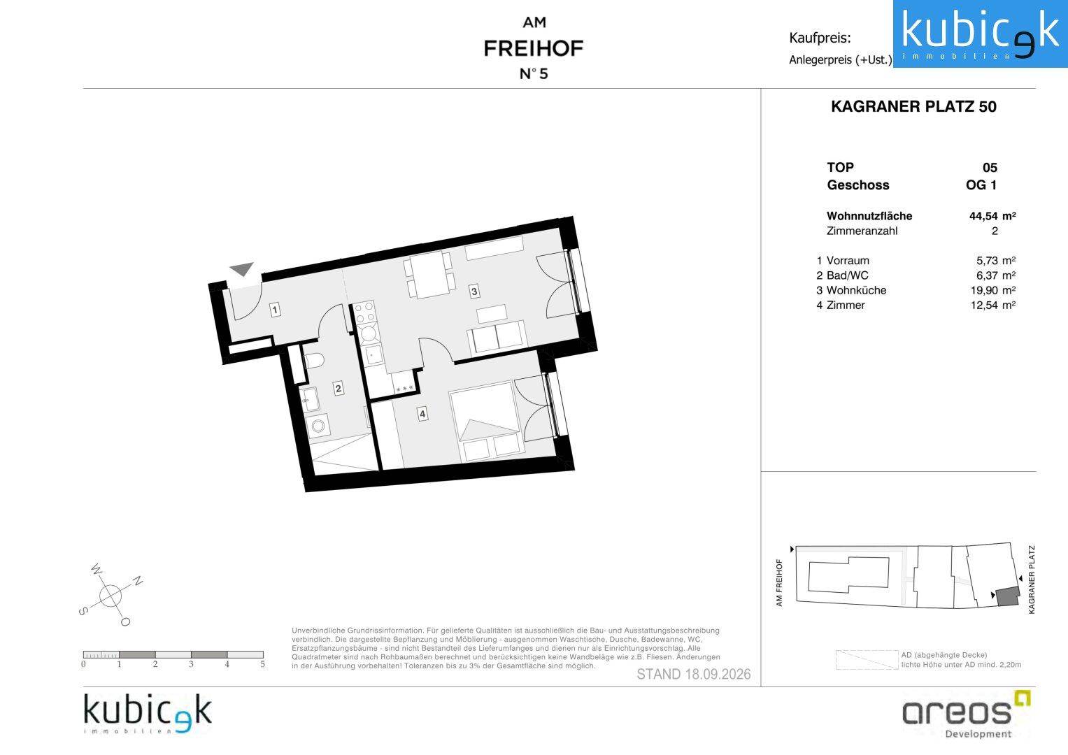 Grundriss einer modernen 2-Zimmer-Wohnung im Obergeschoss mit offener Wohnküche und Bad.