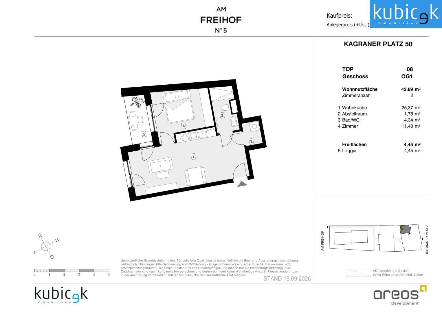 Detaillierter Grundriss einer modernen Wohnung mit offener Wohnküche, Schlafzimmer und Loggia.