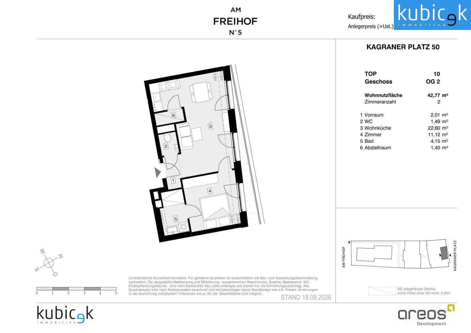 Grundrissplan einer Wohnung mit offener Wohnküche, einem Schlafzimmer, Bad und separatem WC.