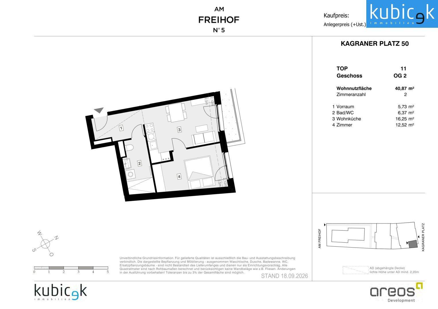 Grundriss einer modernen Wohnung mit offener Wohnküche, einem Badezimmer und einem weiteren Zimmer.