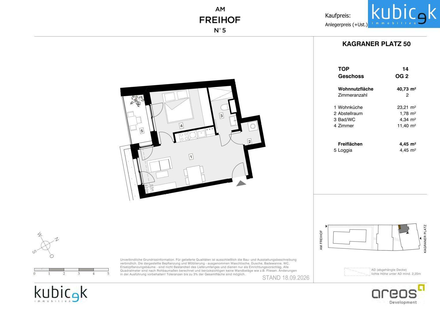 Detaillierter Grundriss einer modernen Zwei-Zimmer-Wohnung mit offener Wohnküche, Bad und Loggia.