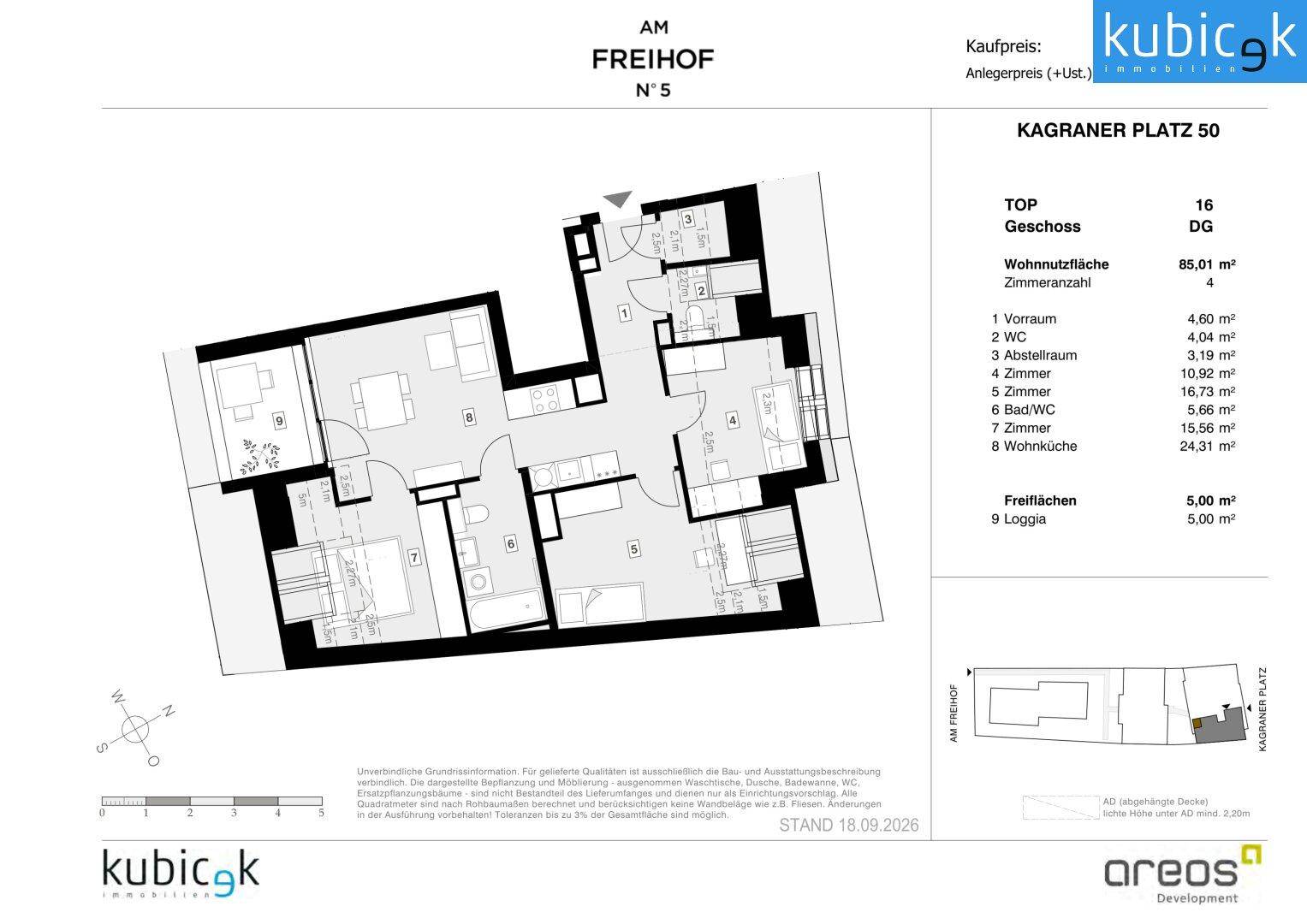Grundriss einer modernen 4-Zimmer-Dachgeschosswohnung mit offener Wohnküche, Loggia, Bad und separatem WC.