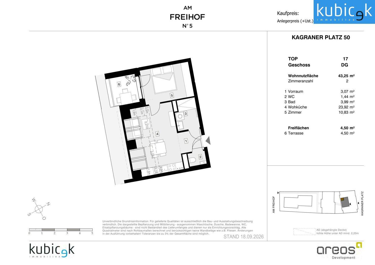 Grundriss einer modernen Wohnung mit offener Wohnküche, einem Schlafzimmer, Bad, separatem WC und einer Terrasse.
