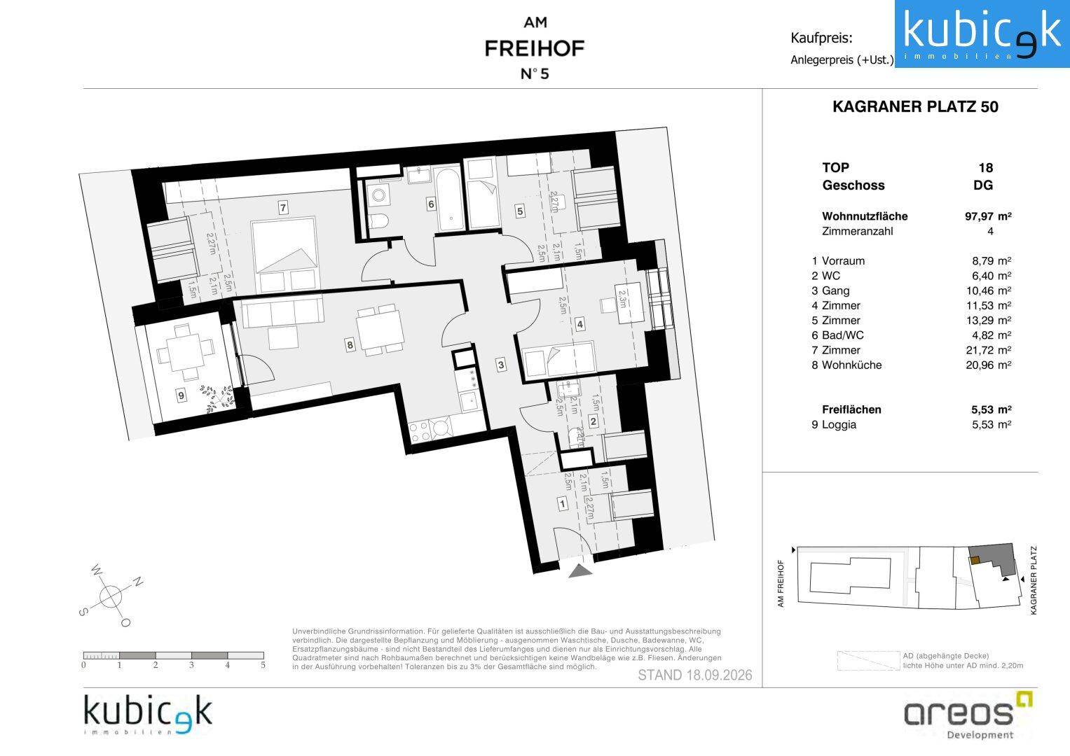 Detaillierter Grundriss einer modernen Wohnung mit offener Wohnküche, mehreren Zimmern, Bad und einer Loggia.