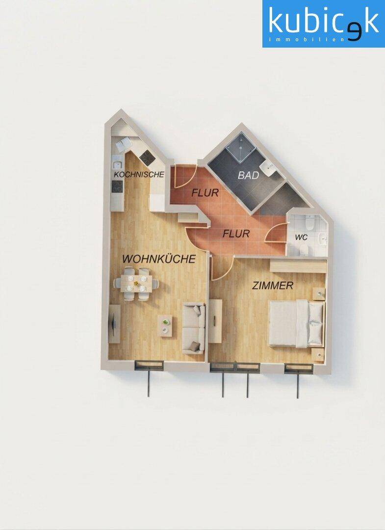 Farbiger Grundriss einer Wohnung mit Wohnküche, Schlafzimmer und Bad.