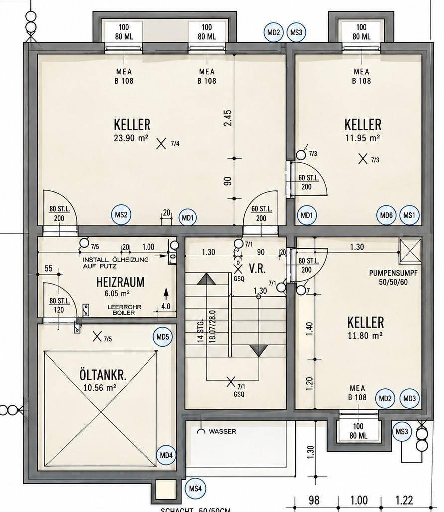 Grundriss des Kellergeschosses mit Heizraum, Öltankraum und weiteren Kellerräumen.
