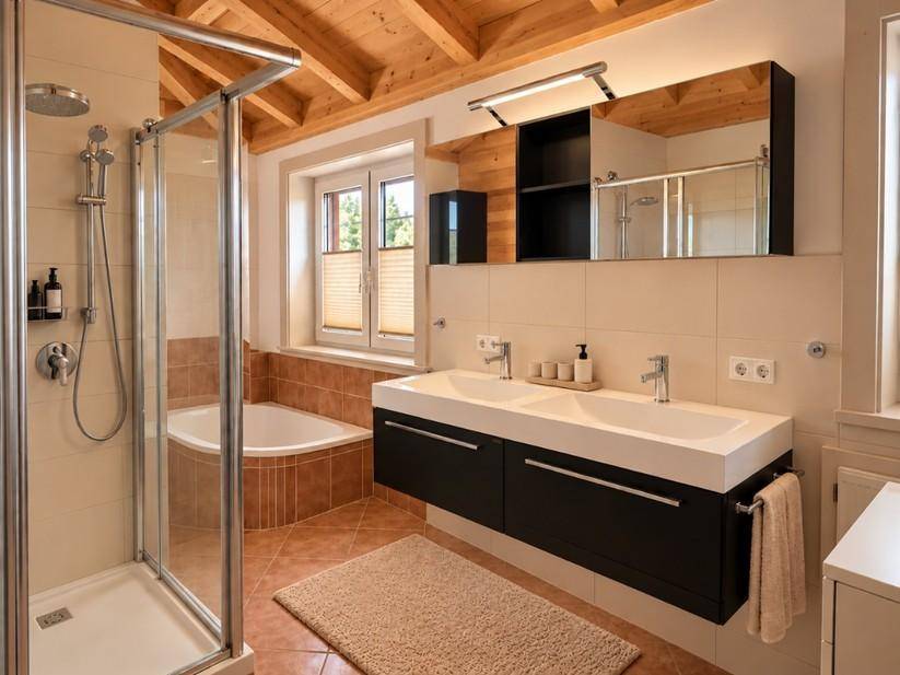 Großes Badezimmer mit Doppelwaschbecken, Badewanne, Dusche und Dachschrägen.