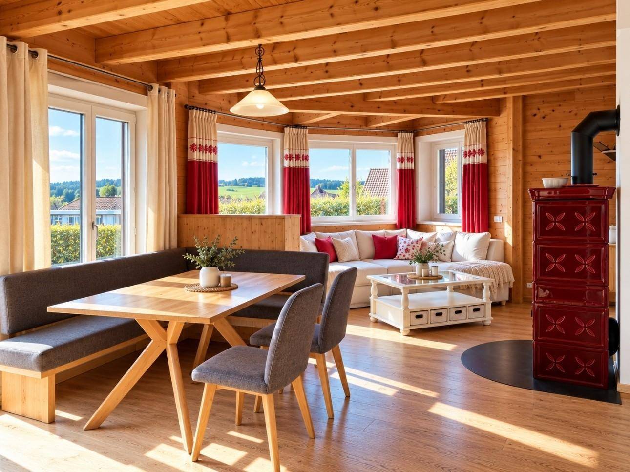 Gemütlicher Wohn-Essbereich mit Holzbalkendecke, Kachelofen und Blick ins Grüne.