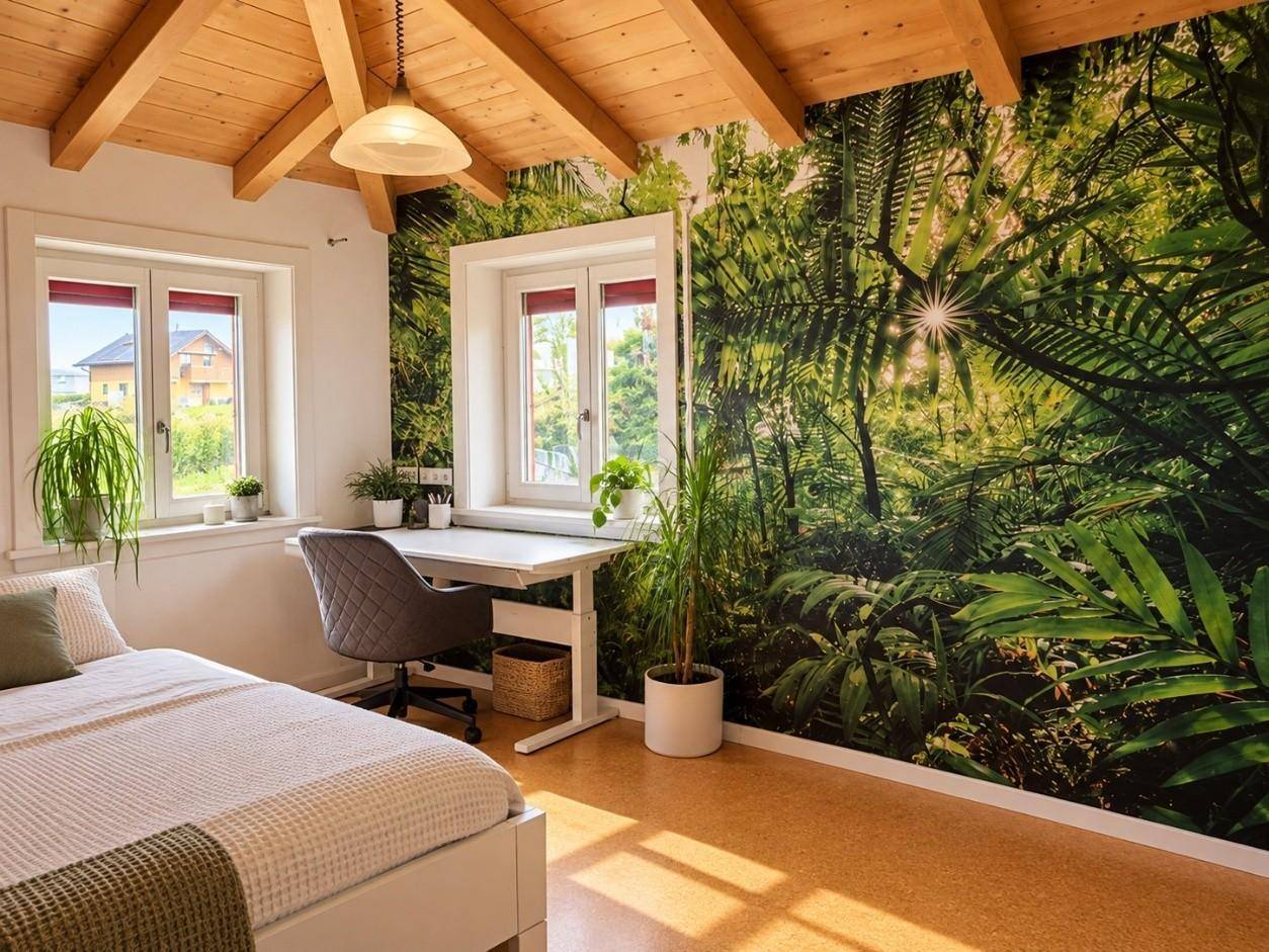 Helles Schlafzimmer mit Holzbalkendecke, Dschungel-Wandtapete und Blick ins Grüne.