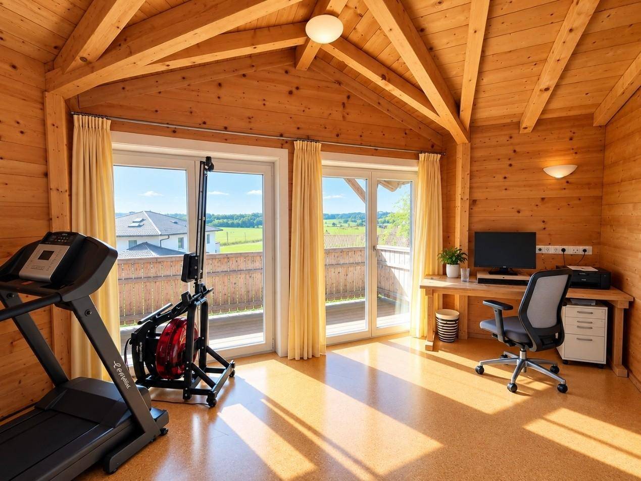 Helles Arbeitszimmer mit Fitnessgeräten, Holzbalkendecke und Zugang zum Balkon.