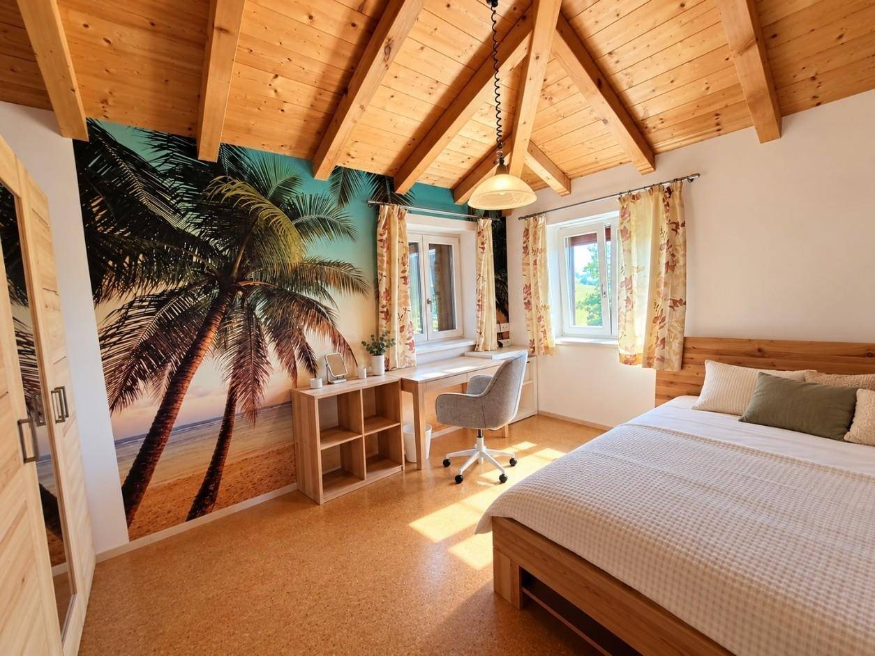 Schlafzimmer mit Holzbalkendecke, tropischer Wandtapete und Schreibtisch.