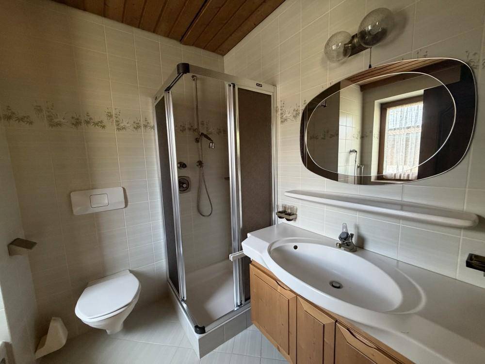 Badezimmer mit Duschkabine, WC, Waschbecken und Spiegel.