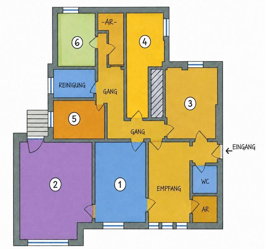 Farbiger Grundrissplan mit verschiedenen Räumen und Funktionsbereichen, inklusive Eingang und WC.