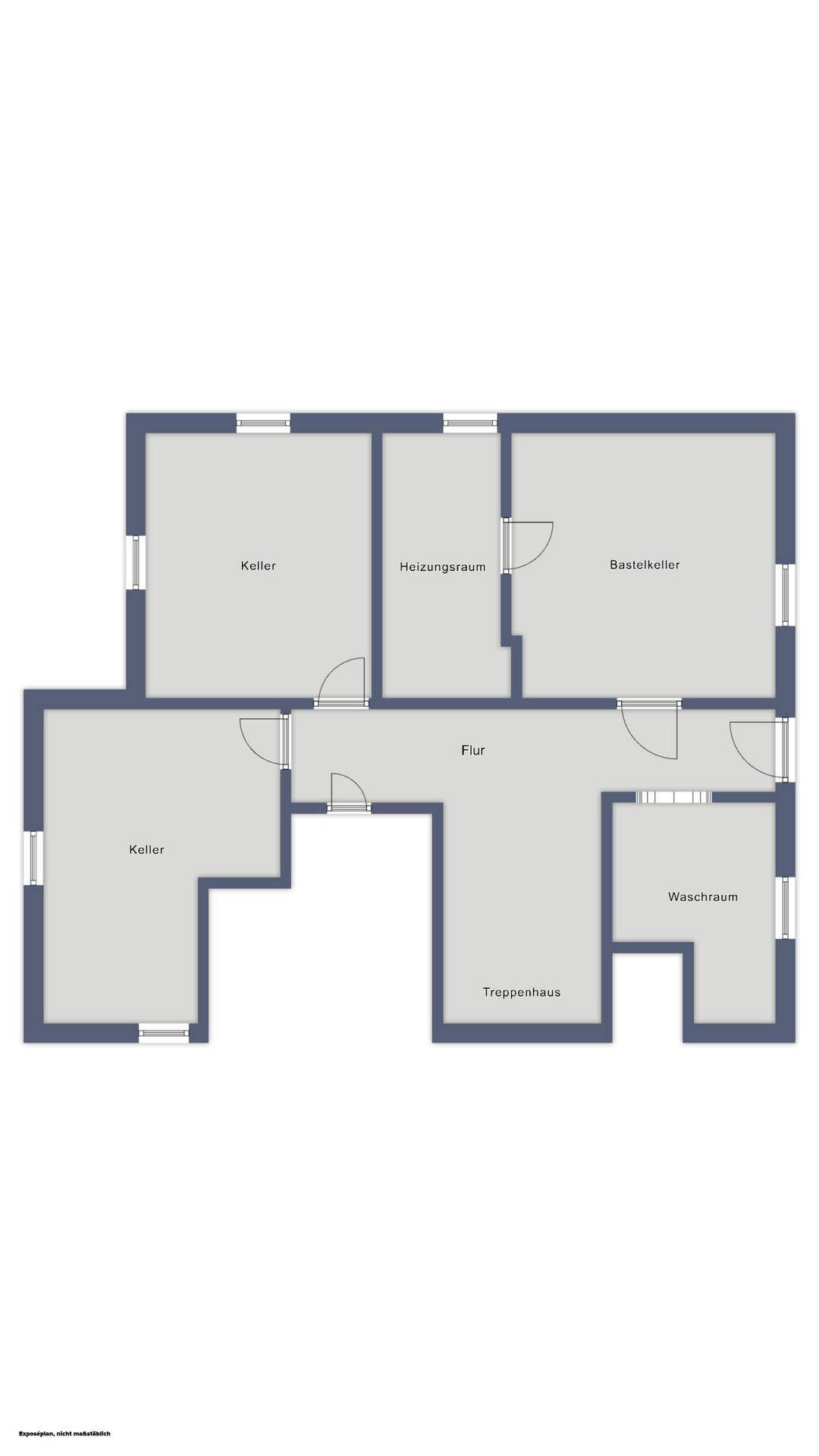 Grundriss des Kellergeschosses mit verschiedenen Räumen wie Keller, Heizungsraum und Waschraum.