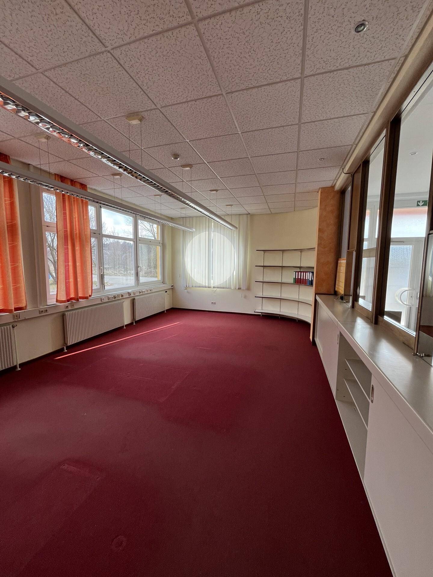 Geräumiges Büro mit rotem Teppichboden, großen Fenstern und eingebauten Regalen.