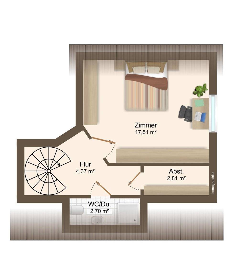 Grundriss der unteren Etage mit Schlafzimmer, Abstellraum und Duschbad.