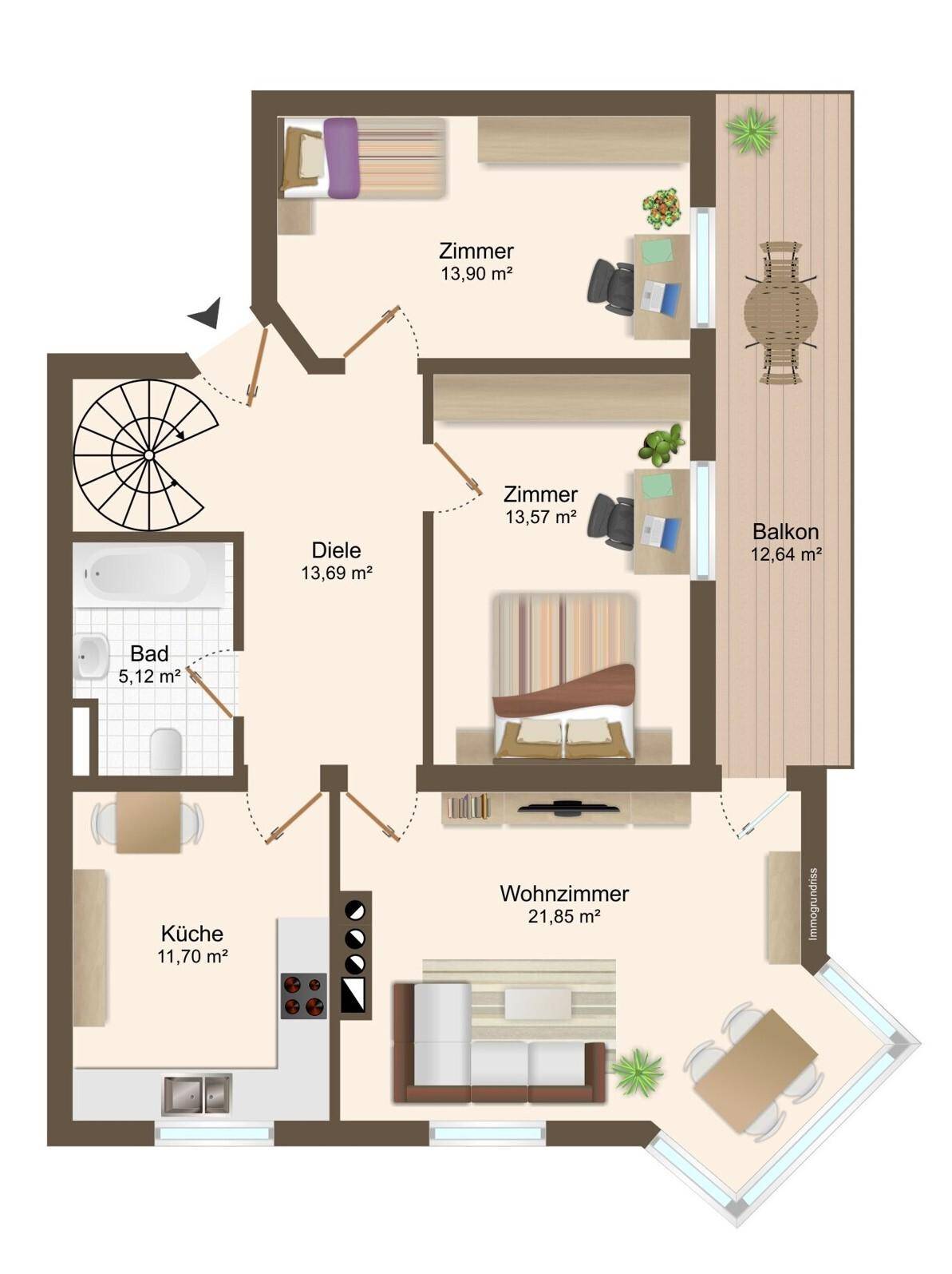 Grundriss der oberen Etage mit drei Zimmern, einem Bad und einem Balkon.