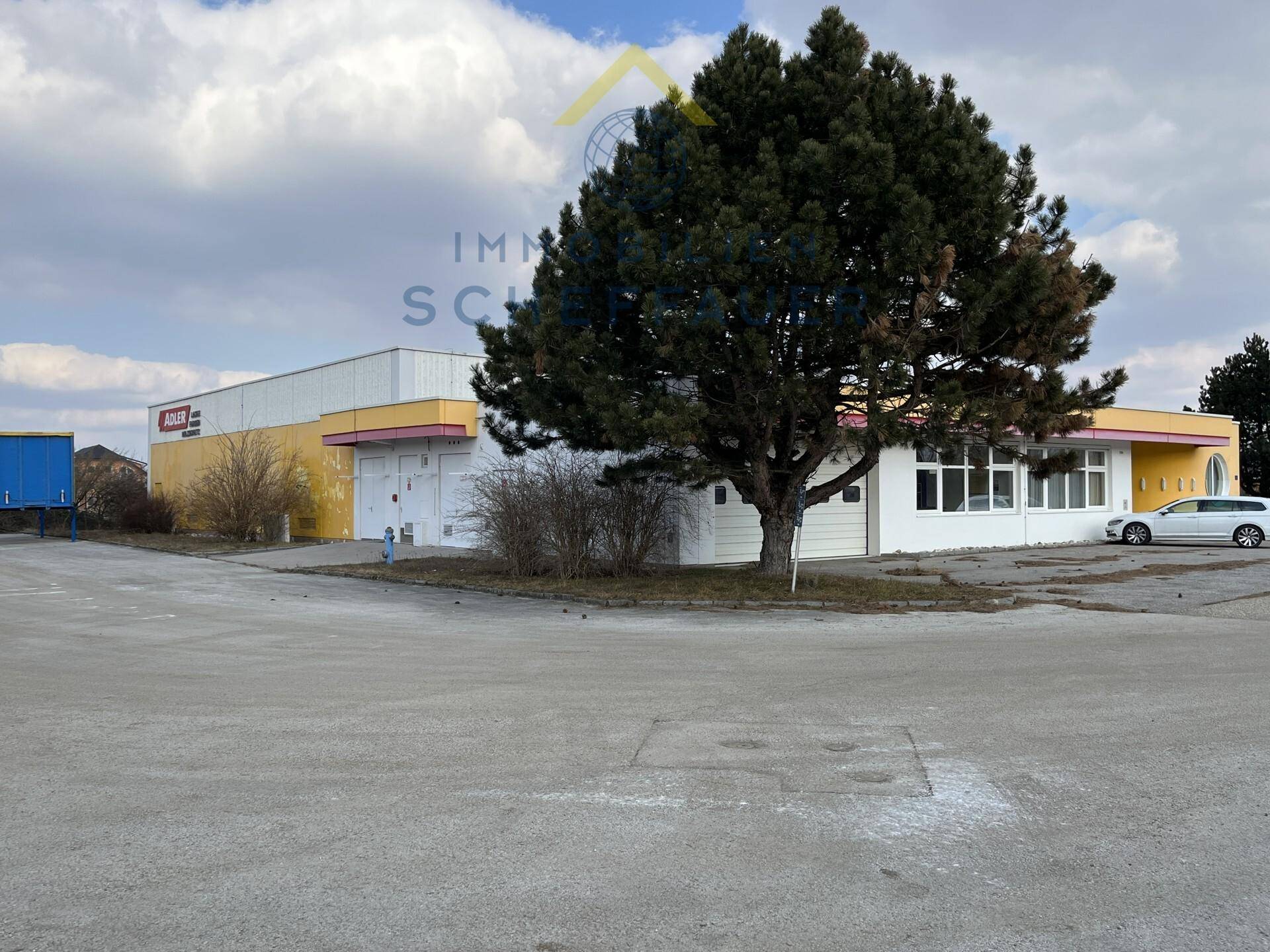 Gewerbegebäude mit großem Baum im Vordergrund und weitläufigem Parkplatz unter bewölktem Himmel.