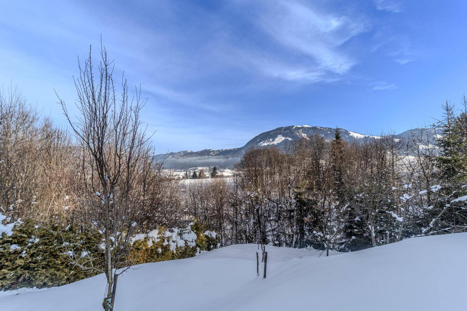 Weitläufiger Blick über die verschneite Winterlandschaft mit Bäumen und Bergen im Hintergrund.