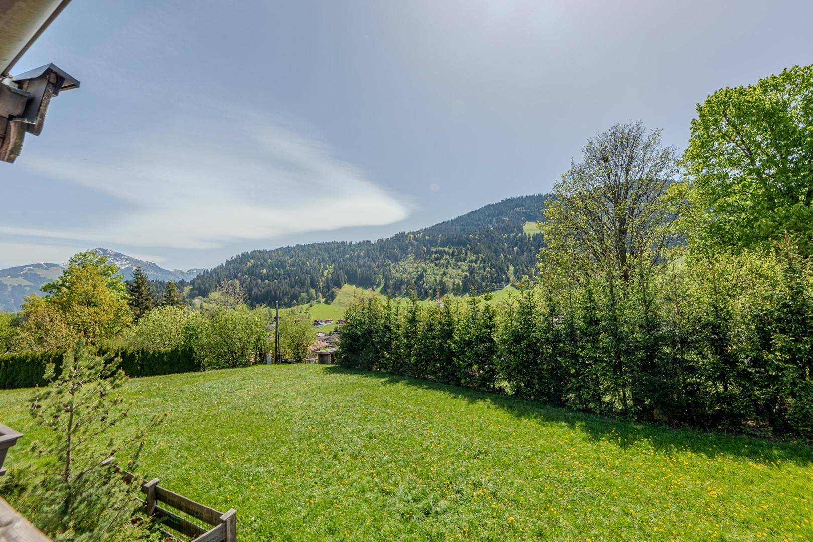 Weitläufige grüne Wiese mit Bäumen und einem Blick auf bewaldete Hügel unter blauem Himmel.