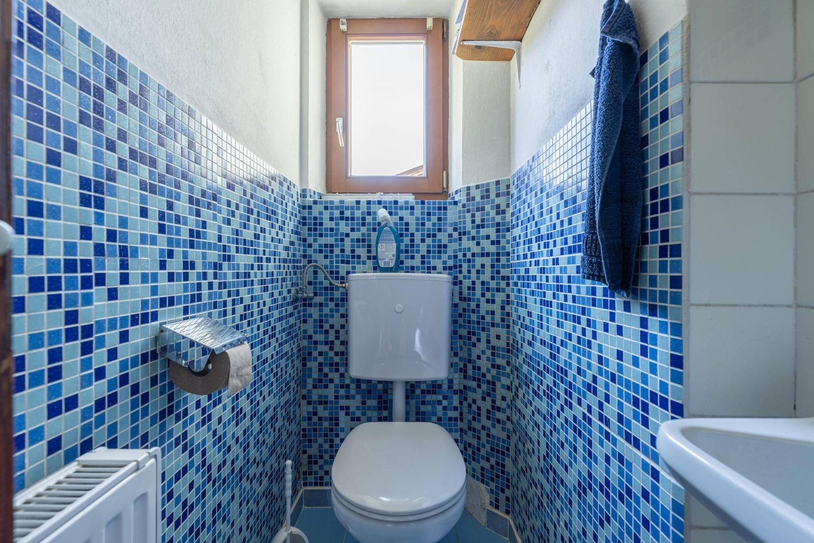 Separate Toilette mit auffälligen blauen Mosaikfliesen und einem kleinen Fenster für Tageslicht.