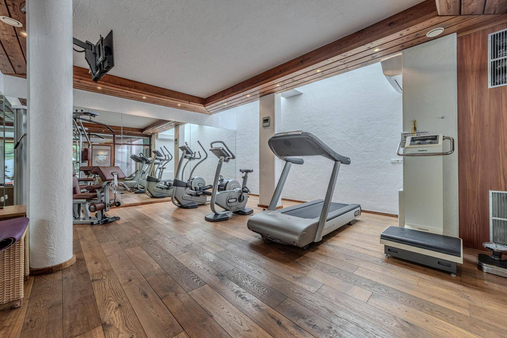 Geräumiger Fitnessraum mit verschiedenen Trainingsgeräten, Holzboden und viel natürlichem Licht.