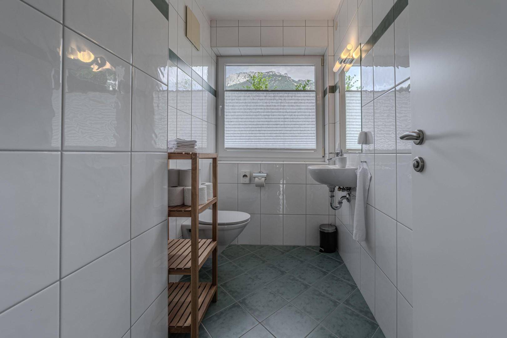 Kleines Badezimmer mit WC, Waschbecken und Fenster, gefliest in Weiß und Grün.