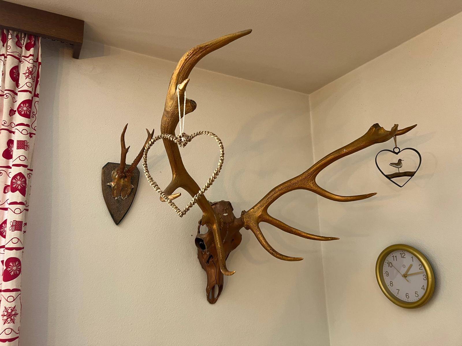 Traditionelle Hirschgeweih-Dekoration an der Wand, passend zum alpinen Stil des Hauses.