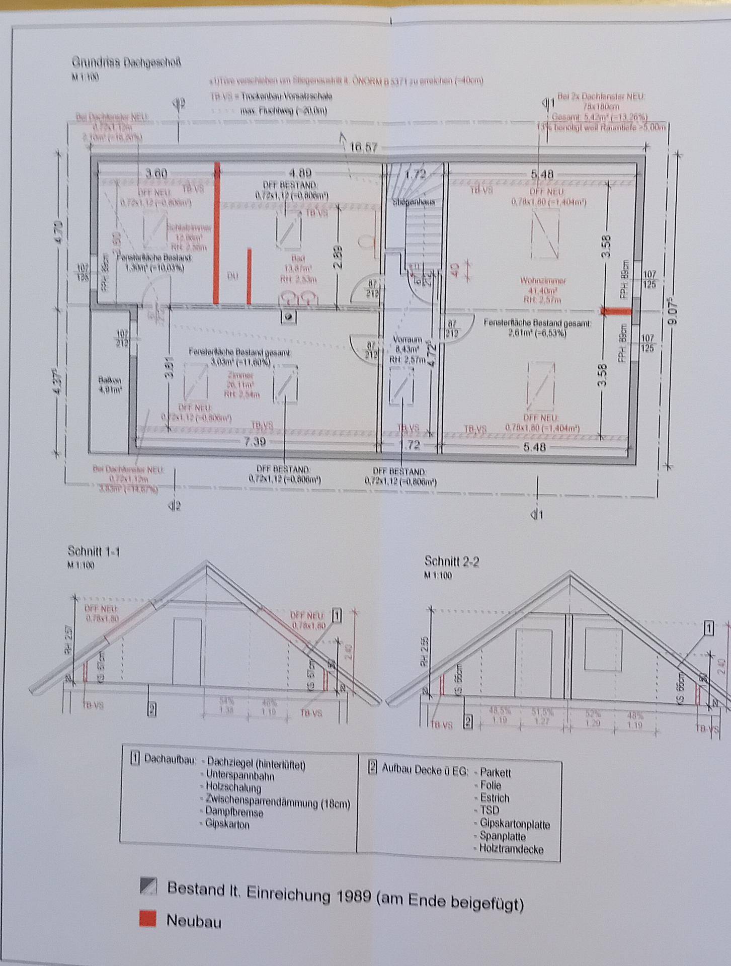 Detaillierter Grundriss des Dachgeschosses mit Schnitten und Angaben zu Bestand und Neubau.