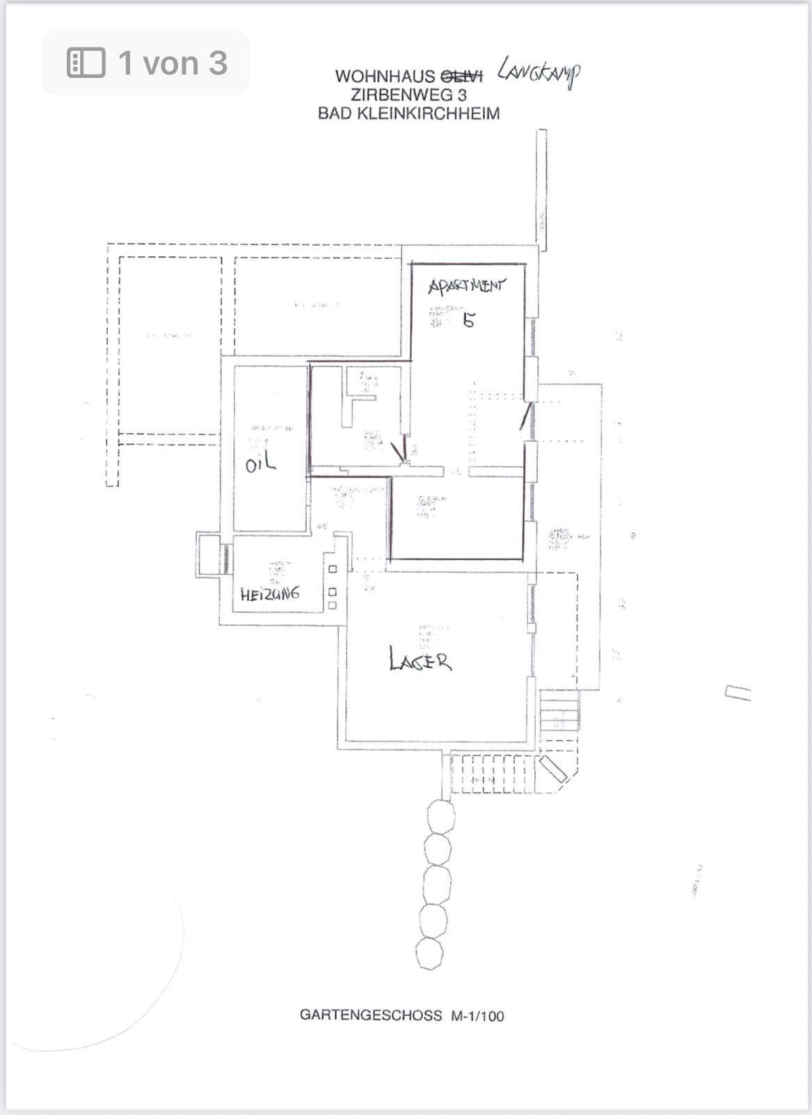 Grundriss des Gartengeschosses mit Apartment 5, Heizungsraum und Lagerflächen.