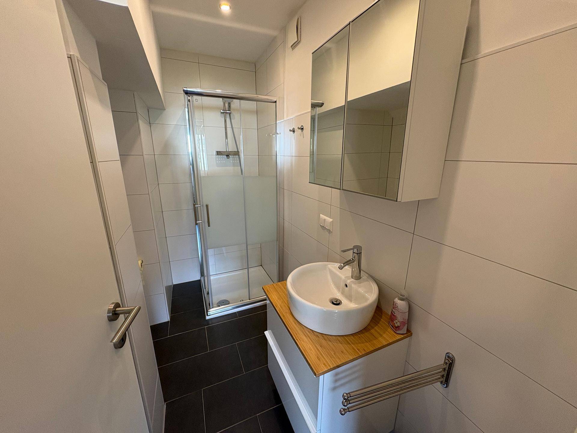 Modernes Badezimmer mit Duschkabine, stilvollem Waschbecken und Spiegelschrank, in hellen Fliesen.