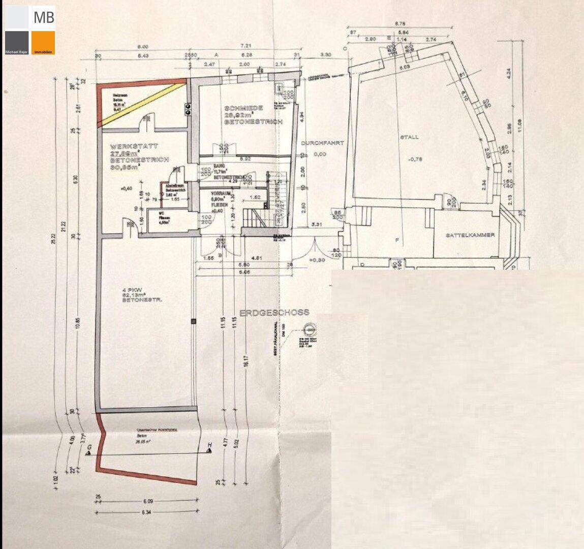 Grundriss des Erdgeschosses mit Werkstatt, Stall und Durchfahrt.