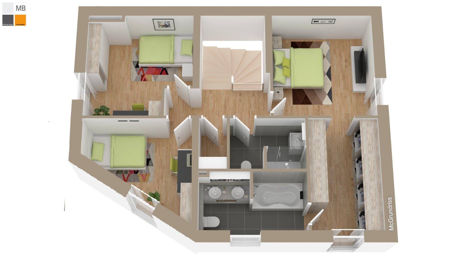 Dreidimensionale Visualisierung eines Grundrisses mit Schlafzimmern, Bädern und Treppe auf zwei Ebenen.