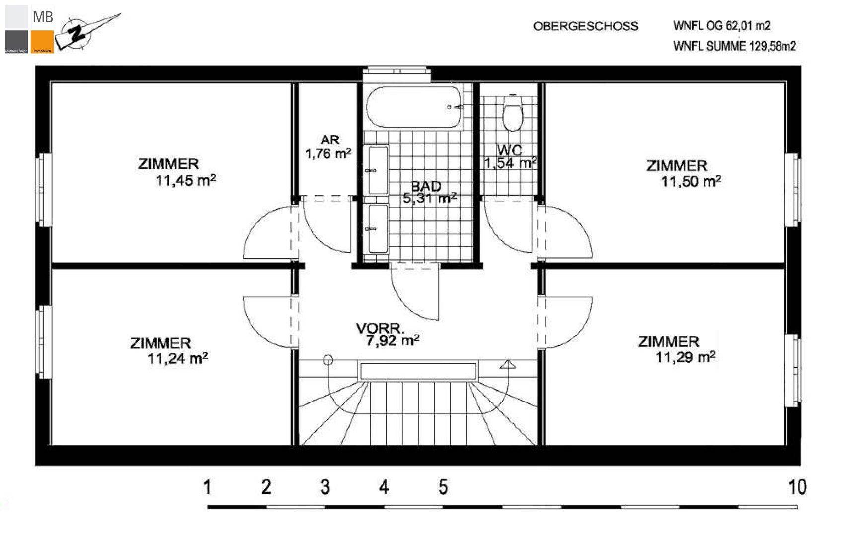 Grundriss des Obergeschosses mit vier Zimmern, einem Badezimmer und separatem WC.