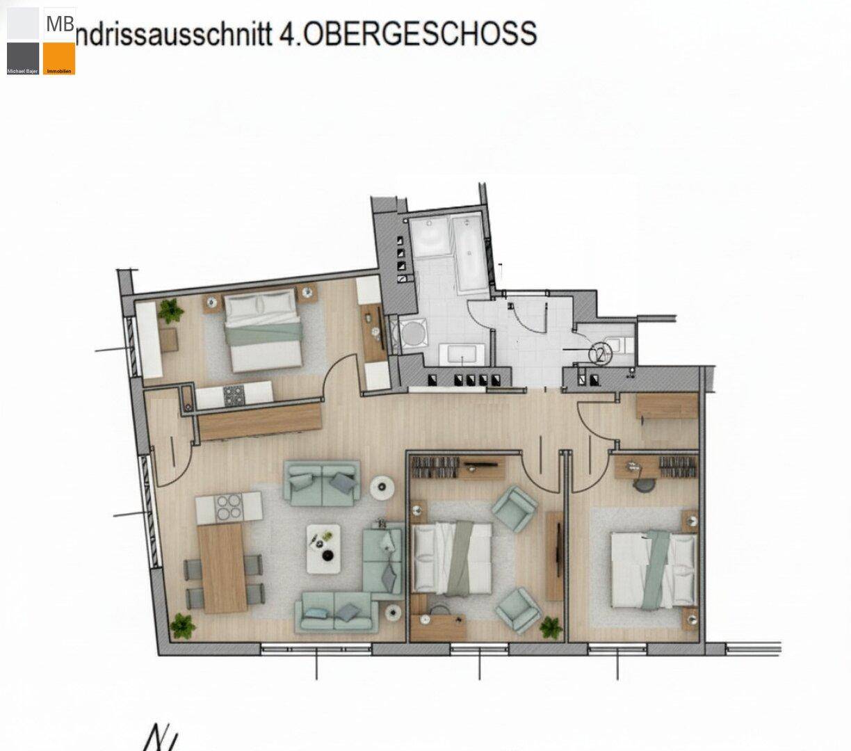 Detaillierter Grundriss des 4. Obergeschosses mit Möblierung und Raumaufteilung.
