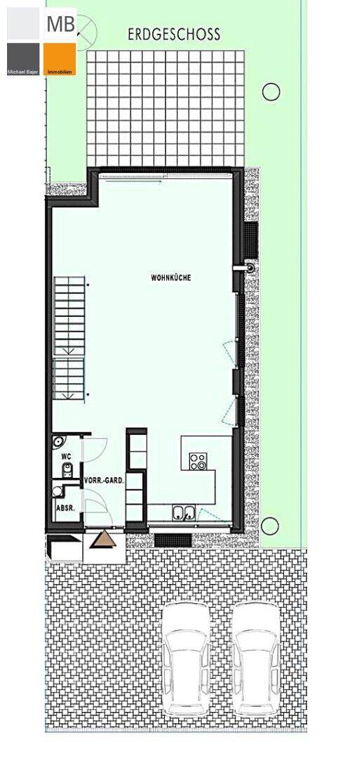 Grundriss des Erdgeschosses mit offener Wohnküche, Gäste-WC und Zugang zum Garten.
