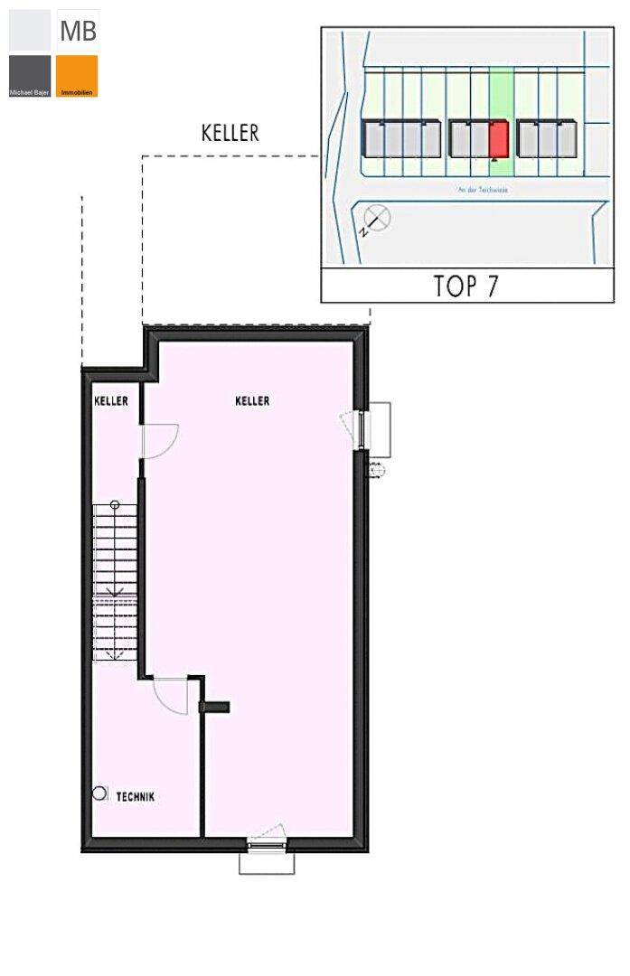 Grundriss des Kellers mit Technikraum und zusätzlichen Abstellflächen.
