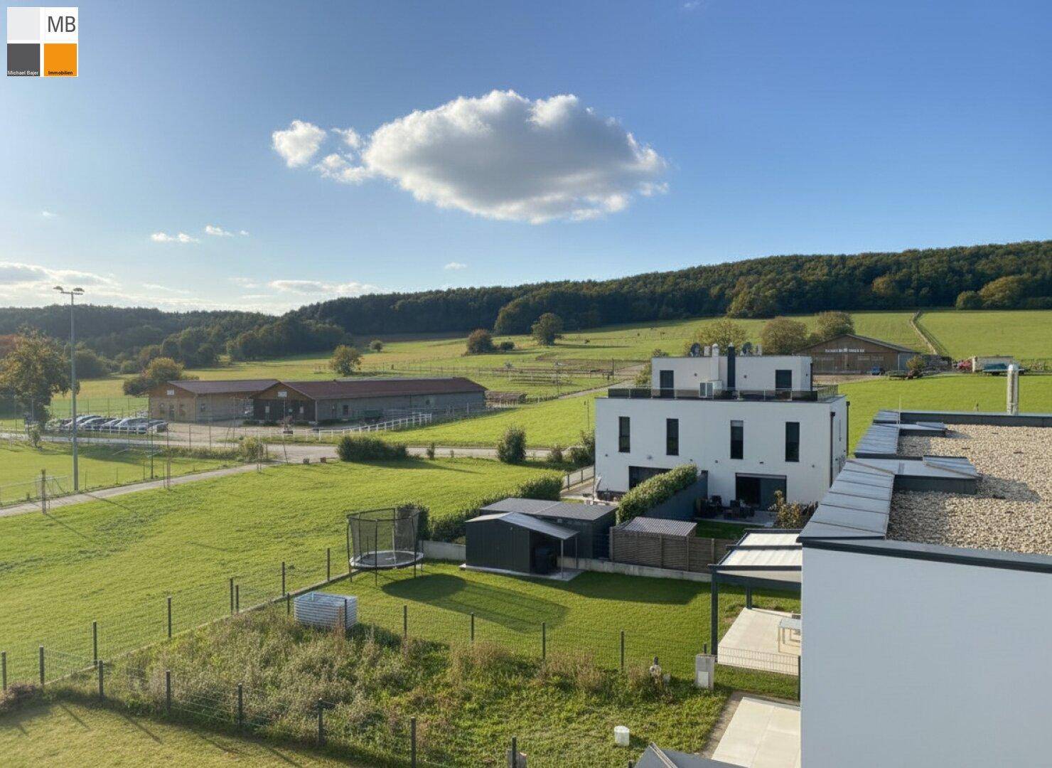 Luftaufnahme von modernen Häusern in einer grünen, ländlichen Umgebung mit weitem Blick.
