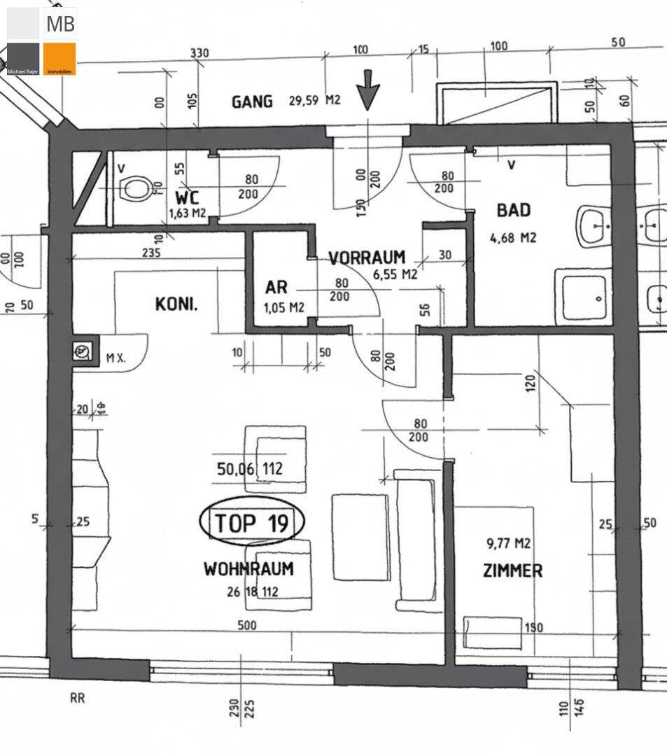 Grundriss der Wohnung Top 19 mit Wohnraum, Zimmer, Bad und WC.